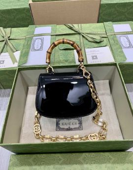 Gucci Bamboo 1947 Mini Top Handle Bag with Crystal Interlocking G Black Patent Leather 724641