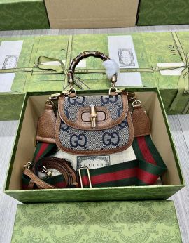 Gucci Bamboo 1947 Mini Tote Bag Blue GG Canvas and Brown Leather 686864