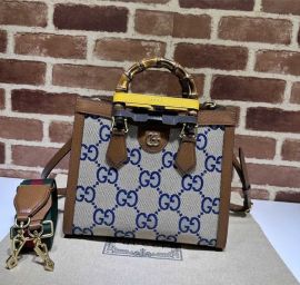 Gucci Diana Medium Tote Bag with Bamboo Handle Blue Maxi Jumbo GG Canvas and Brown Leather 702721