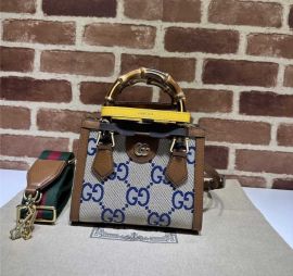Gucci Diana Mini Tote Bag with Bamboo Handle Blue Maxi Jumbo GG Canvas and Brown Leather 702732