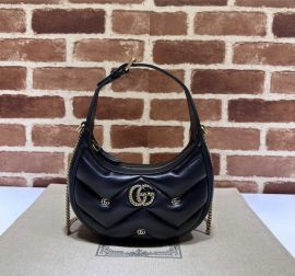 Gucci Double G Studs GG Marmont Half Moon Shaped Leather Hobo Shoulder Mini Bag Black 770983