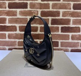Gucci Double G Studs GG Marmont Half Moon Shaped Leather Hobo Shoulder Mini Bag Black 770983