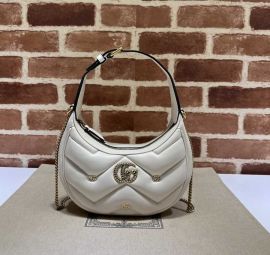 Gucci Double G Studs GG Marmont Half Moon Shaped Leather Hobo Shoulder Mini Bag White 770983