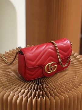 Gucci GG Marmont Matelasse Leather Super Mini Chain Shoulder Bag Red 476433