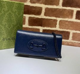 Gucci Horsebit 1955 Wallet Shoulder Bag with Chain Navy Blue Leather 621892