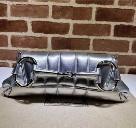 Gucci Silver Quilted Leather Horsebit Chain Large Shoulder Bag 764255