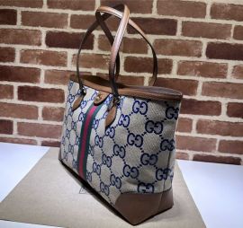 Gucci Ophidia GG Medium Tote Bag Brown Leather and Blue Jumbo GG Canvas 631685