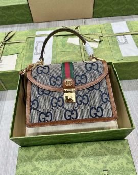 Gucci Ophidia GG Small Top Handle Bag Blue GG Canvas and Brown Leather 651055