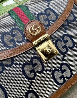 Gucci Ophidia GG Small Top Handle Bag Blue GG Canvas and Brown Leather 651055