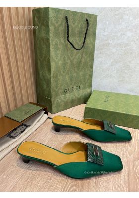 Gucci 2022 Satin Heeled Mules in Green 40MM 2281588