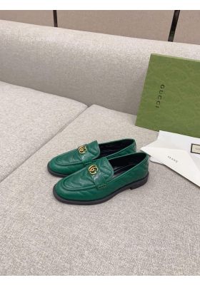Gucci Womens Loafer with Double G in Green Chevron Matelasse Leather 2281595