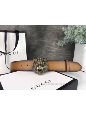 Gucci Leather Belt With Tiger Head Clay 38mm