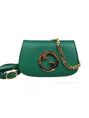 Gucci Blondie Shoulder Bag with Round Interlocking G and Chain in Green Leather 699268