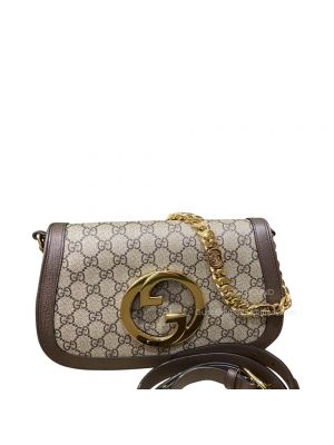 Gucci Blondie Shoulder Bag with Round Interlocking G in Beige GG Canvas and Brown Leather 699268