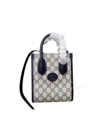 Gucci Mini Tote Shoulder Crossbody Bag with Interlocking G in Beige and Blue GG Supreme Canvas and Black Leather 671623