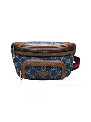 Gucci Belt Crossbody Bag with Interlocking G in Blue and Ivory GG Denim Jacquard 682933