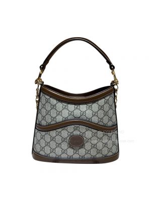 Gucci Large GG Hobo Shoulder Bag with Interlocking G in Beige and Ebony GG Supreme Canvas 696011