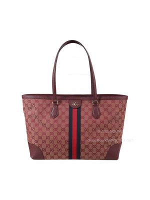 Gucci Tote Bag Gucci Ophidia Medium Shoping Tote Bag with Web in Beige and Burgundy Original GG Canvas 631685