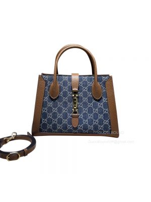 Gucci Tote Gucci Jackie 1961 Medium Tote Bag with GG Denim Blue and Brown Leather 649016