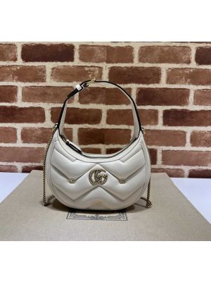 Gucci Double G Studs GG Marmont Half Moon Shaped Leather Hobo Shoulder Mini Bag White 770983