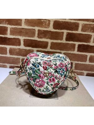 Gucci Double Heart White Leather Crossbody Bag with Floral Flowers 740355