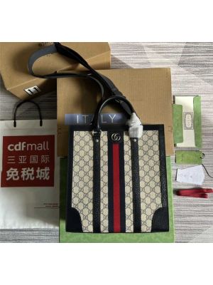 Gucci Ophidia Medium Tote Shoulder Bag Beige GG Supreme Canvas Black Leather 724685